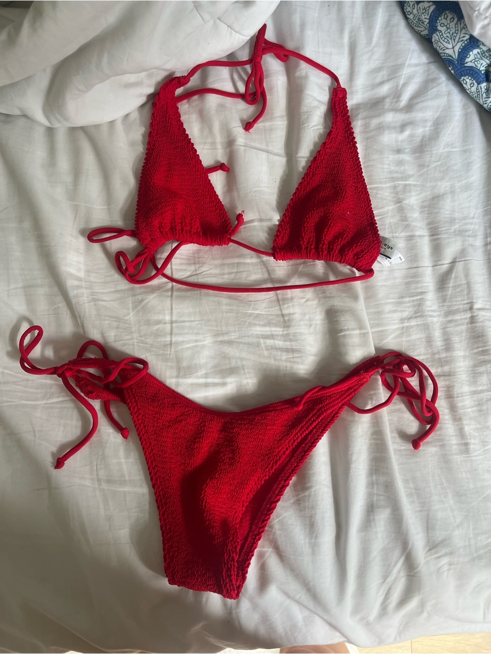 bond-eye Red Smocked Tie-Side Bikini